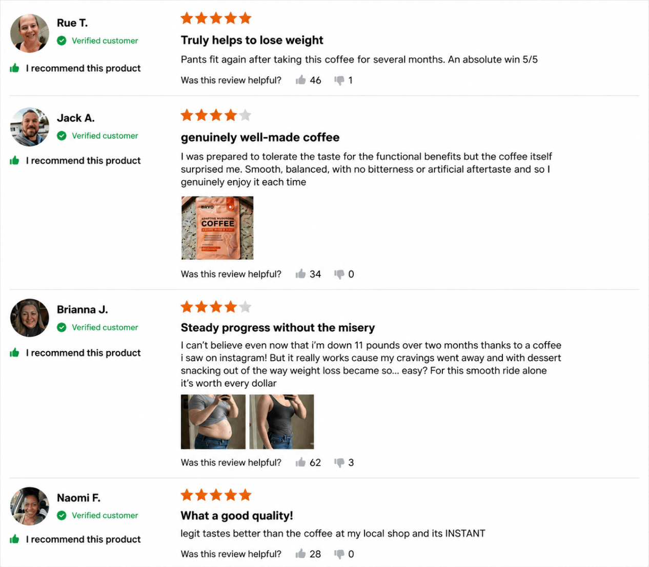 BRYO Coffee customer testimonial screenshots